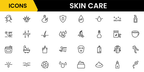 Skin care line icons set. Moisture cream, acid, anti wrinkle serum, creamed, collagen. Pixel perfect, minimalistic web and UI icon.