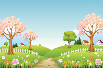 a peaceful country landscape featuring blossoming trees a white fence and a