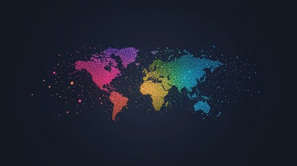 Fototapeta premium World Map Rainbow Abstract world map made of rainbow colored particles, dark background, symbolizes the beauty and diversity of the world