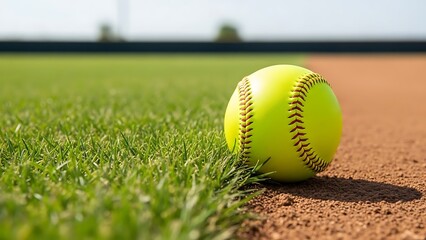 Close-up of a bright yellow softball resting on the edge of a dirt baseball field with green grass