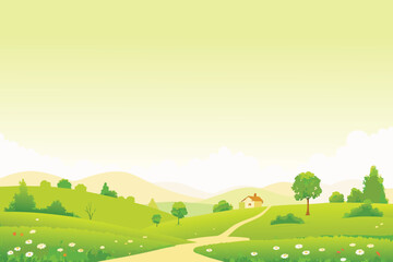 A peaceful cartoon landscape featuring rolling green hills a path and a