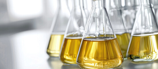 Laboratory glass beakers filled with golden yellow liquid on a clean reflective surface with soft lighting creating a science research and development theme