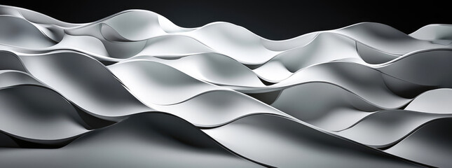 Abstract undulating waves of white paper or fabric with dramatic lighting and shadows creating a dynamic and textured background for design or presentation