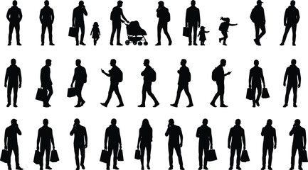 Black Silhouette Collection of Diverse Urban People Walking, Standing, and Shopping with Bags, Strollers, and Kids – Isolated Vector Cutout on White Background