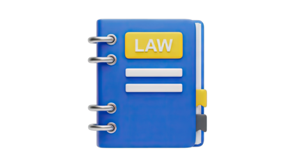 A Blue Binder With a Yellow Tab Labeled Law Featuring White Lined Pages and Metal Rings on a Transparent Background