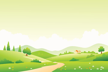 Fototapeta premium a serene landscape featuring rolling green hills a winding path and a