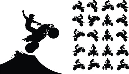 A dynamic black silhouette of an ATV rider performing an extreme quad bike stunt jump on a dirt mound, symbolizing adrenaline, power, and off-road sports. © MD SHAHARIR