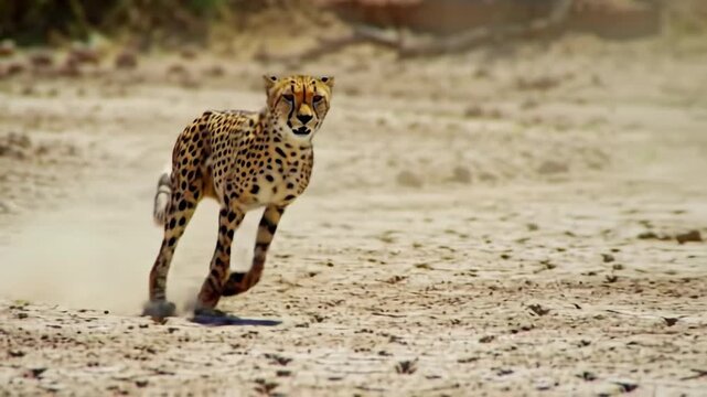Majestic cheetah running fast on dry land in nature during daytime. Cheetah running with speed and power, wildlife concept.