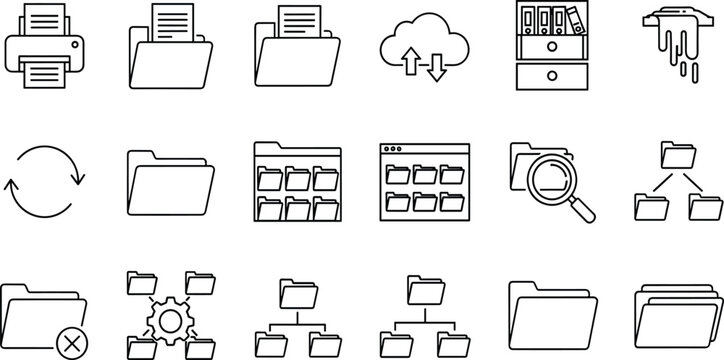 Collection of eighteen black line vector icons depicting file management, office documents, cloud storage, data organization, folders, and computer systems.