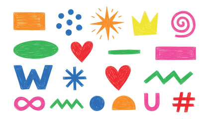 Fototapeta premium Collection of colorful hand drawn abstract shapes symbols and letters on white background vector illustration