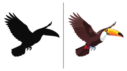 Fototapeta premium Toucan bird silhouette and colorful graphic design flying with large beak and spread wings, isolated on white background