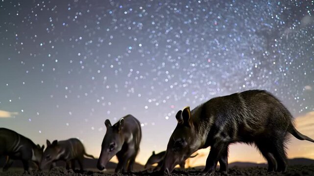 Group of tapirs graze at night under a starry sky in nature landscape.