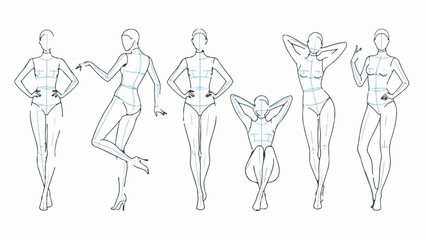 Set of Fashion Croquis Female Figures Templates Hand Drawn with Blue Sketch Lines