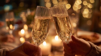 Close-up of two champagne flutes clinking during a toast at a festive dinner table, with bokeh lights