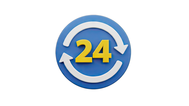 A 3D Rendered Blue Circular Icon Featuring the Number 24 in Yellow and White Circular Arrows Symbolizing Continuous Service Against a Transparent Background - Powered by Adobe