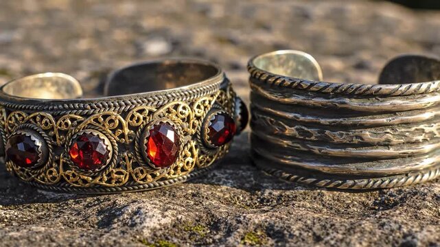 Two antique silver metal cuff bracelets, one ornate with red garnet stones, resting on a rough stone surface outdoors