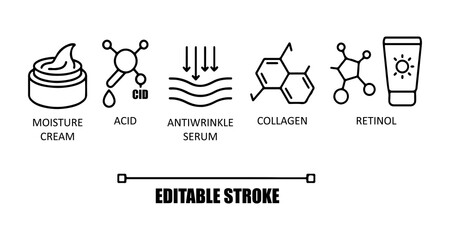 Skincare Product Icons &ndash; Moisture Cream, Acid, Retinol, Collagen, Anti-Wrinkle Serum Vector Set