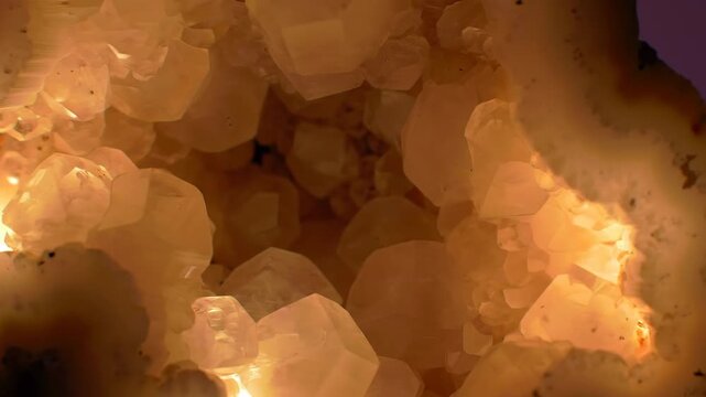 Macro shot of a translucent geode with large crystals, unique mineral specimen, yellow light.