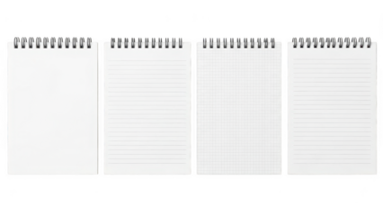 A collection of four empty spiral notebooks showing plain, lined, and grid paper types