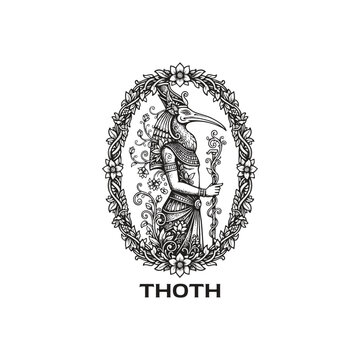 Beautifully detailed hand-drawn illustration of the Egyptian god Thoth with an ibis head, holding a sacred staff and surrounded by an elegant floral oval frame in a vintage engraving style