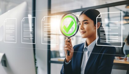Smiling young businesswoman conducting a quality check using a magnifying glass on virtual documents, concept for excellent service, data analysis and compliance review