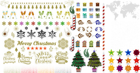 Mega collection of Christmas vector objects isolated on white background. Christmas elements clipart vector illustration like tree, champagne glass, pine tree, gift box, world map, star and graphics