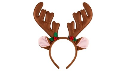 Obraz premium Brown reindeer antlers headband with pink ears and holly costume accessory
