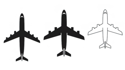 A set of three top-down view airplane silhouettes for aviation and travel concepts