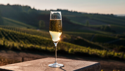 Sparkling Wine Glass at Vineyard Sunset