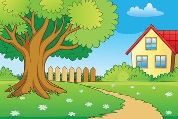 Naklejka premium a vibrant cartoon illustration depicting a tree house pathway and a fence high quality