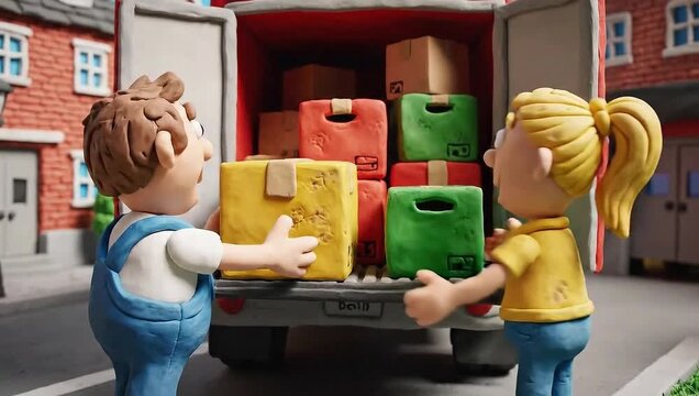 Animated Moving Day - Clay Figures Unloading Boxes from Truck.