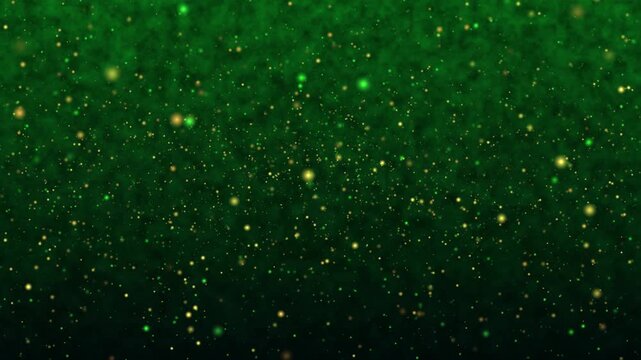A rich green abstract background with glowing gold and emerald particles drifting softly, creating a magical festive atmosphere ideal for celebrations, fantasy visuals, and intros.