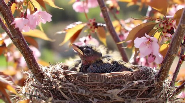 Two fledgling birds in nest on tree with pink blossoms, spring nature.
