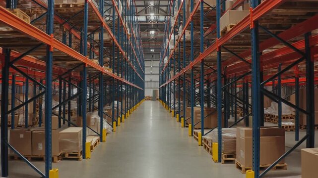 Long, indoor warehouse aisle with high shelves and boxes on pallets stored there