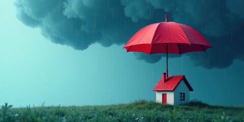 A Red Umbrella Sheltering a House from a Stormy Sky, Representing Protection and Security