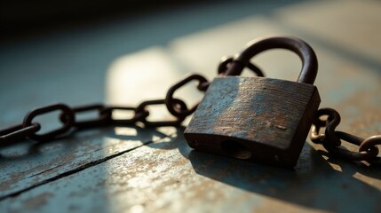 A weathered padlock secured by a rusty chain rests on a worn, textured surface, bathed in sunlight