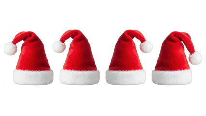Four traditional red santa hats with white pom-poms arranged in a row against a black background