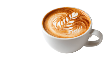 A closeup of a hot cappuccino with milk foam art on a white saucer, isolated on a table in a cafe