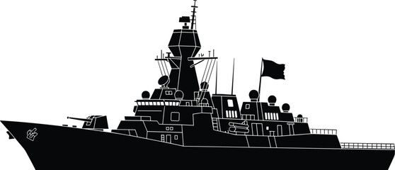 Modern Naval Warship Silhouette Vector, Destroyer-Class Military Vessel with Flag, Weapons, and Radar Systems, Defense, Global Security, and Maritime Fleet Graphic Design. © MD SHAHARIR