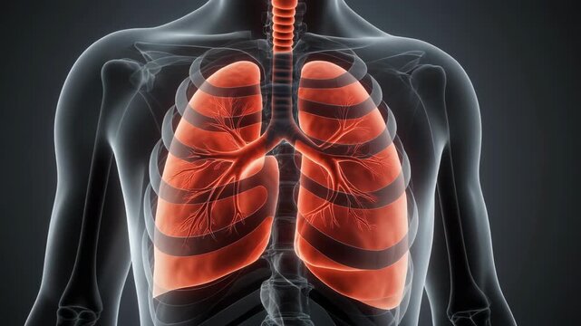 Anatomical animation of the human respiratory system trachea bronchi lungs and diaphragm with an X-ray view of the rib cage highlighting organ function