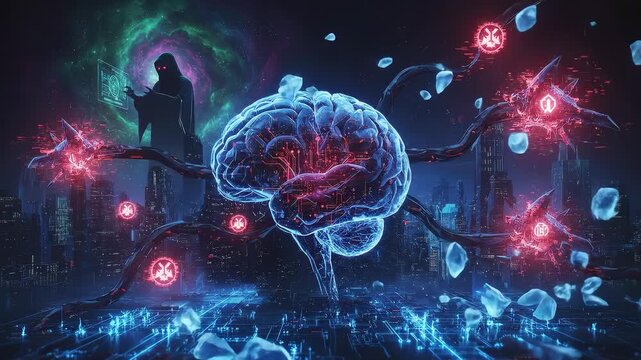 Visual exploration of the mind revealing chaotic energy and crystalized thoughts in a futuristic city background from dusk till night