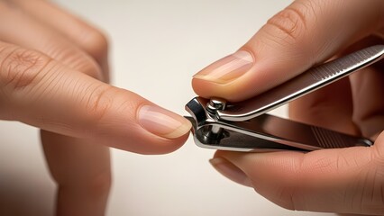 Hyper-realistic close-up of feminine fingers trimming nails with a nail clipper, sharp detail on nails and cutter, soft diffused light, photorealistic textures.