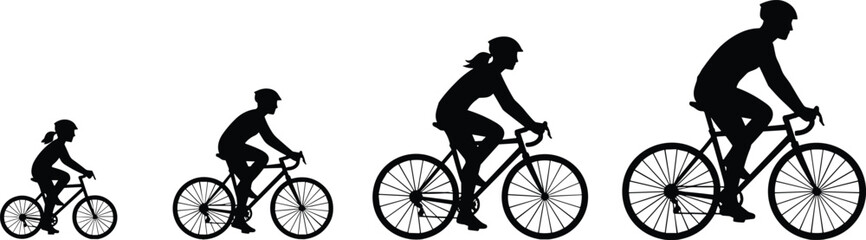 Black Silhouette Vector Collection of Cyclists Riding Road Bikes in Profile View – Bicycle Rider, Family Cycling, and Fitness Graphic Isolated on White