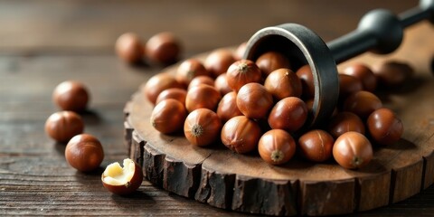 Aromatic brown nuts spilling from a rustic scoop onto a wooden surface