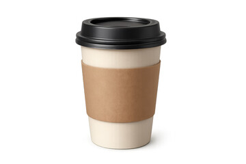Paper coffee cup with black lid and brown sleeve, takeaway beverage isolated on transparent background