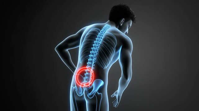 Animated X-ray representation of a male figure suffering from lower back pain highlighting the lumbar spine and pelvic area discomfort
