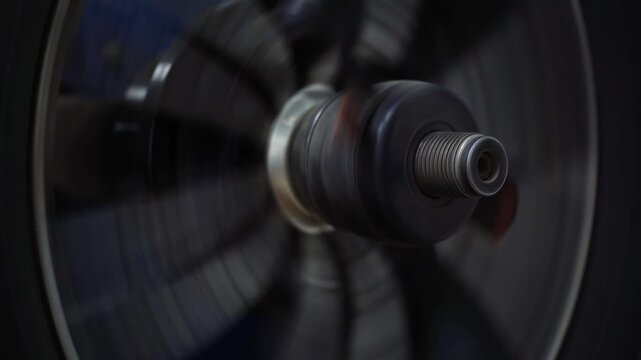 An old car wheel is spinning on a balancing machine