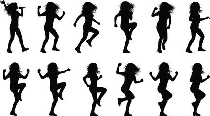 Set of active female dancing and singing silhouettes, performing high-energy choreography with flying hair, isolated black vector collection.