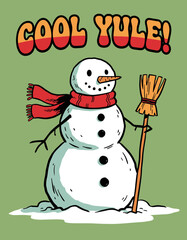 Cool Yule Retro Snowman.Groovy Christmas Character.Vintage Cartoon Winter Fun.Snowman Scarf and Broom Art.Festive Holiday Illustration