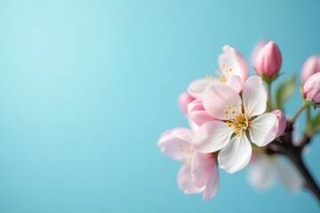Delicate Pink Blossoms on a Branch Against a Light Blue Background, a Symbol of Spring's Gentle Arrival and the Promise of New Beginnings
